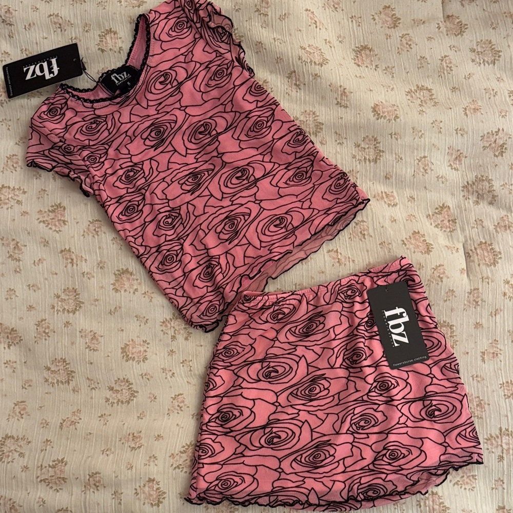 Flowers by Zoe Pink Rose Print Matching Top & Skirt Set